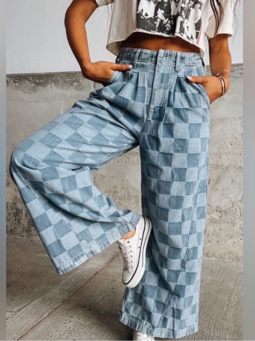 BiBi Checkered Wide Leg Jeans in Light Gray and Gray Checkers